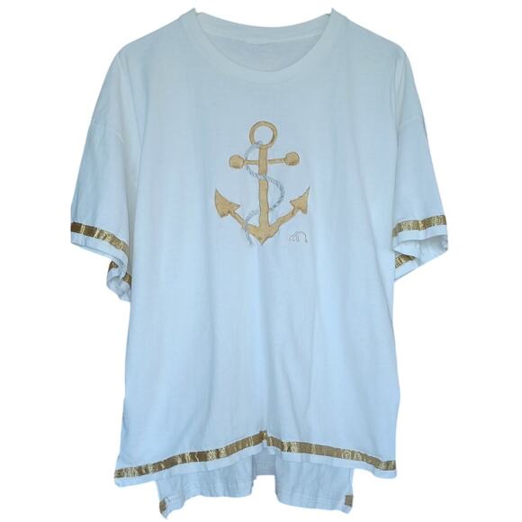 90s Vintage Nautical Top Womens XL Embroidered Anchor Gold Detail on Sleeves Hem - Picture 1 of 5